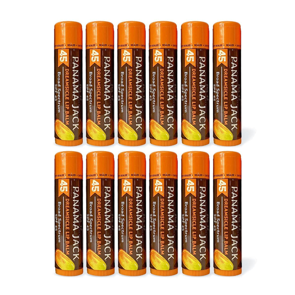 Panama Jack Sunscreen Lip Balm Dreamsicle tube with SPF 45 protects lips from sun exposure.