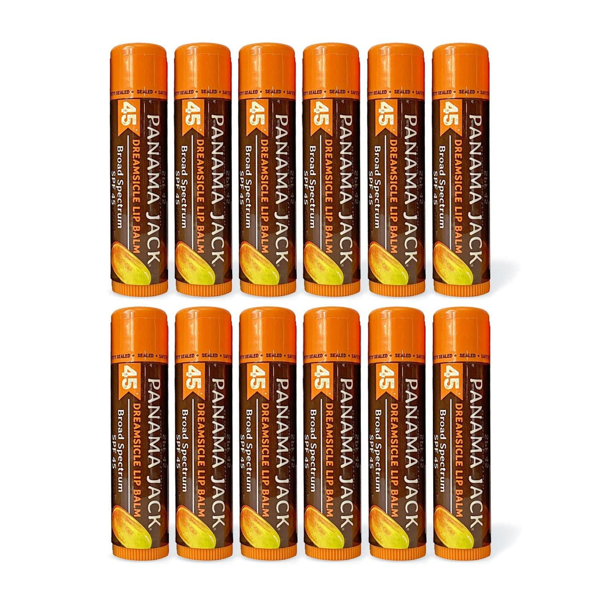 Panama Jack Sunscreen Lip Balm Dreamsicle tube with SPF 45 protects lips from sun exposure.