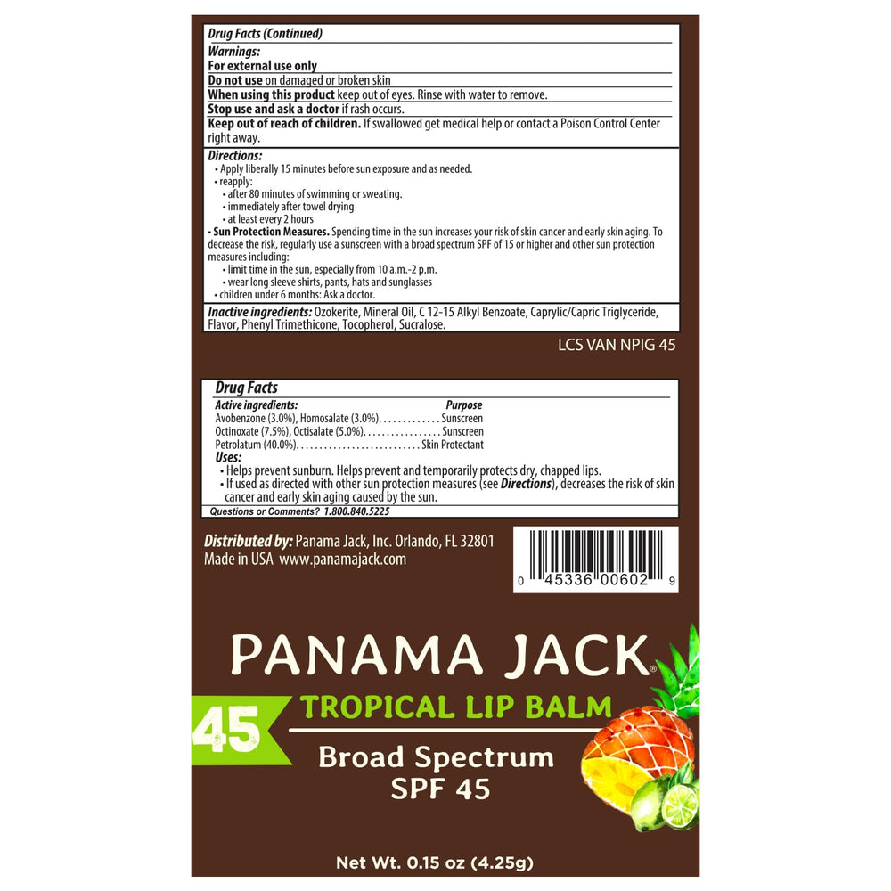 Panama Jack Sunscreen Lip Balm SPF 45 broad spectrum coverage in a compact stick