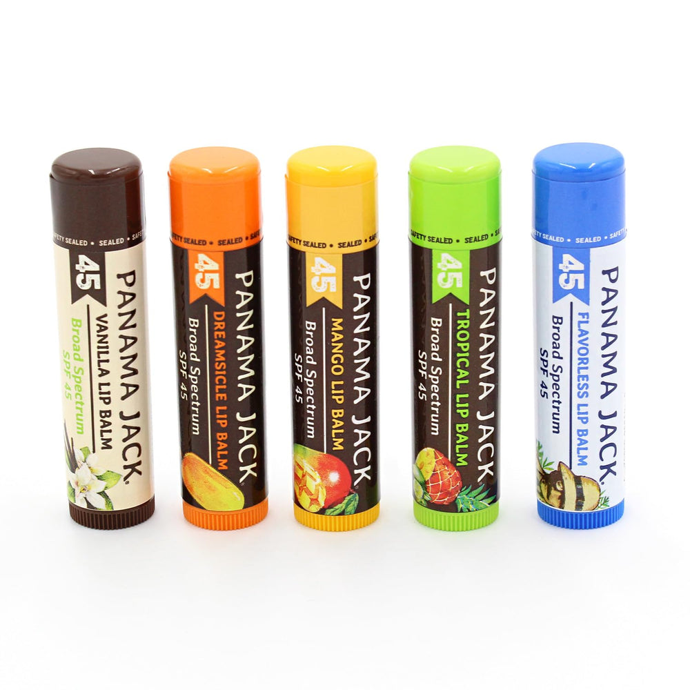 Panama Jack SPF 45 lip balm on display highlights broad spectrum lip protection.