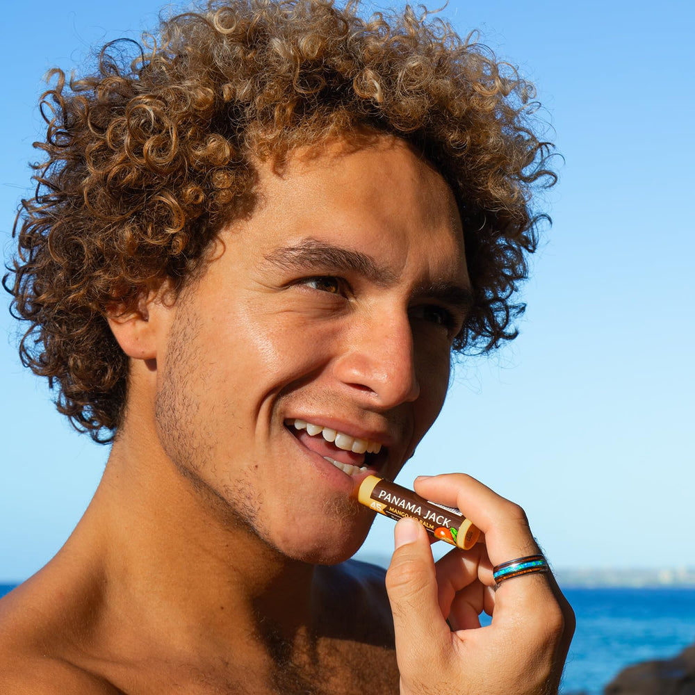 Panama Jack lip balm label highlights broad spectrum UV protection for lips.