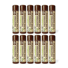 Panama Jack Sunscreen Lip Balm vanilla application; smooth hydration with SPF 45 protection.