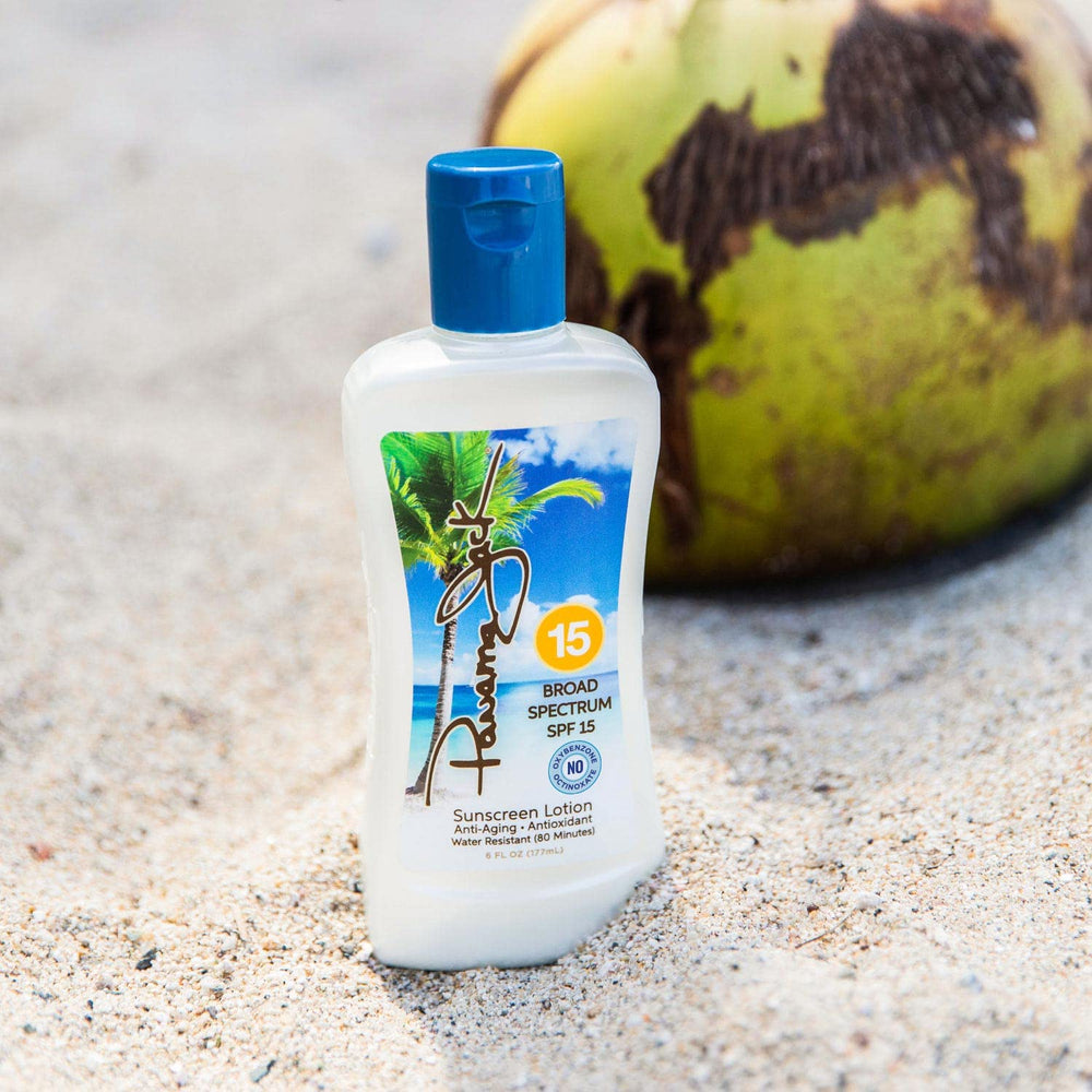 Panama Jack Sunscreen SPF 15 bottle cap enabling quick, mess-free reapplication.