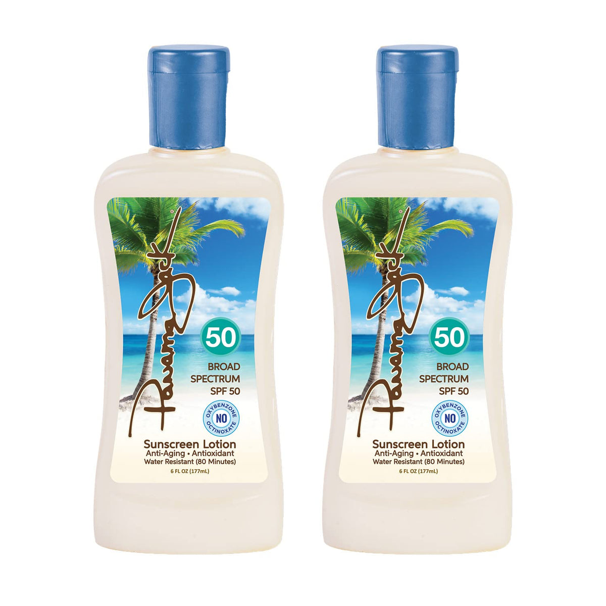 Panama Jack SPF 50 bottle front view showing broad protection for sunny days