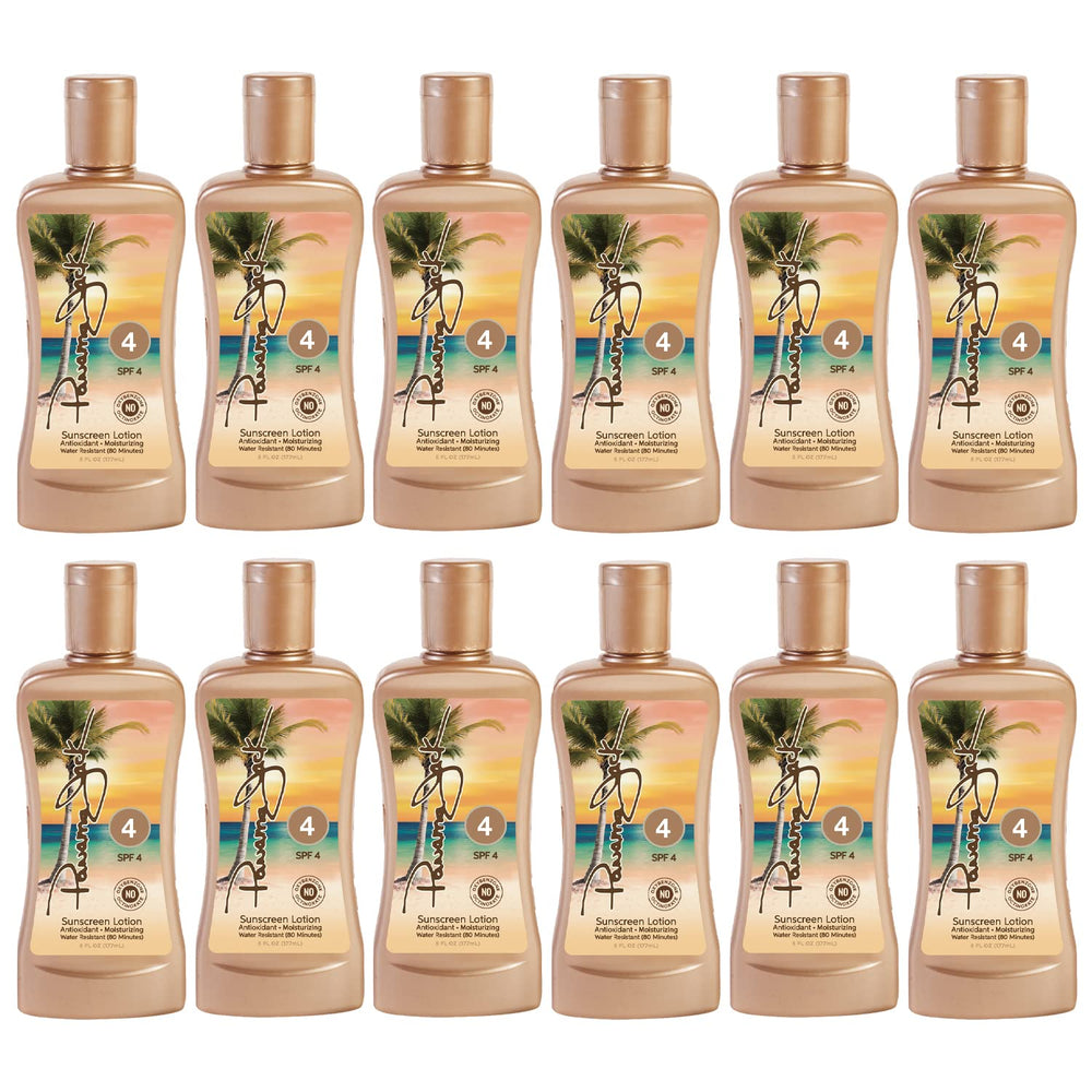Panama Jack Sunscreen Tanning Lotion bottle front highlighting SPF 4 and tropical appeal.