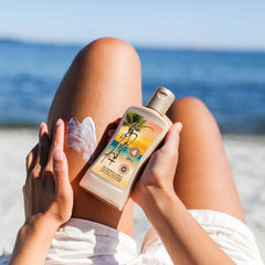 Panama Jack Sunscreen Tanning Lotion label closeup with reef-friendly formula and antioxidant blend.