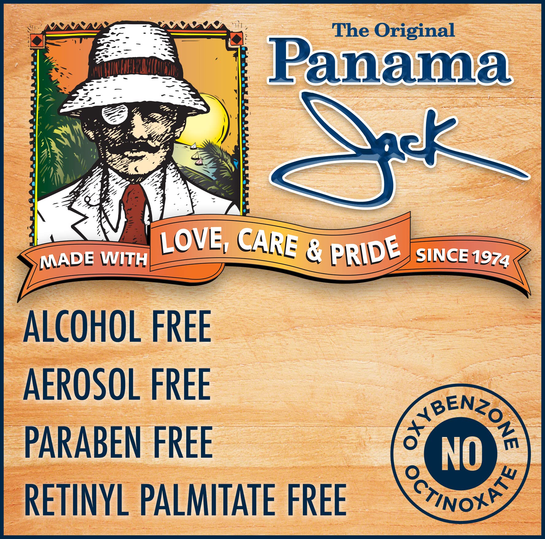 Panama Jack Trophy Suntan Oil on a sunlit beach scene.