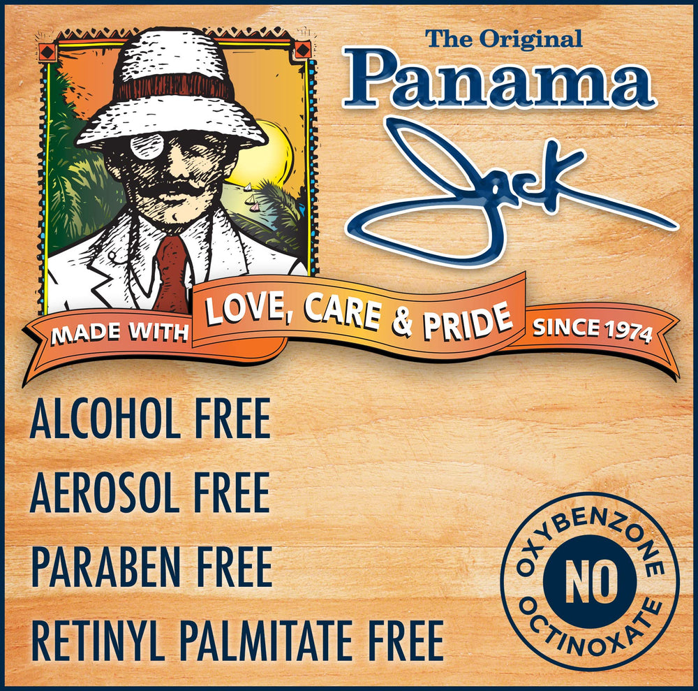 Panama Jack Trophy Suntan Oil on a sunlit beach scene.