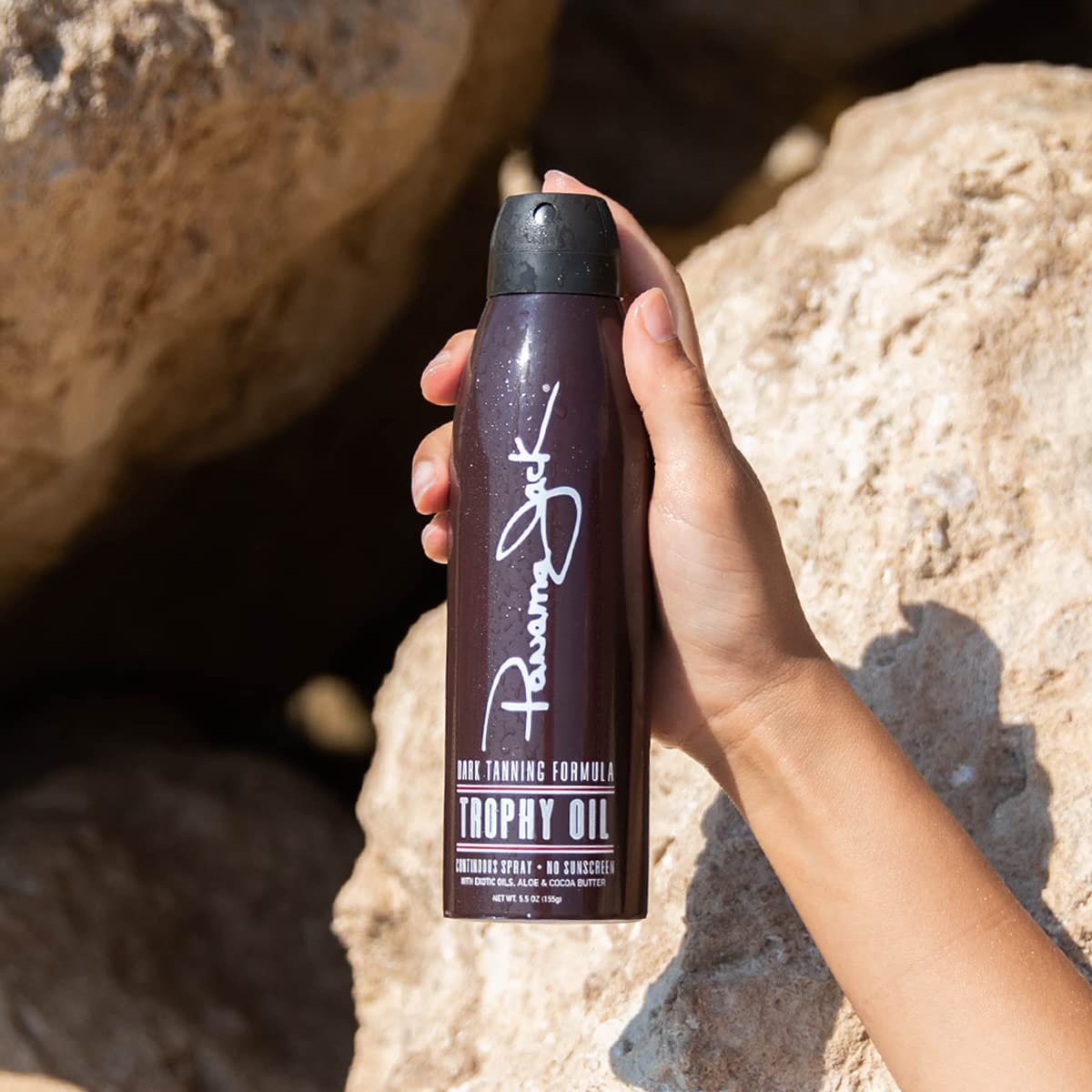 Panama Jack Trophy Suntan Oil spray cap shown for easy application.
