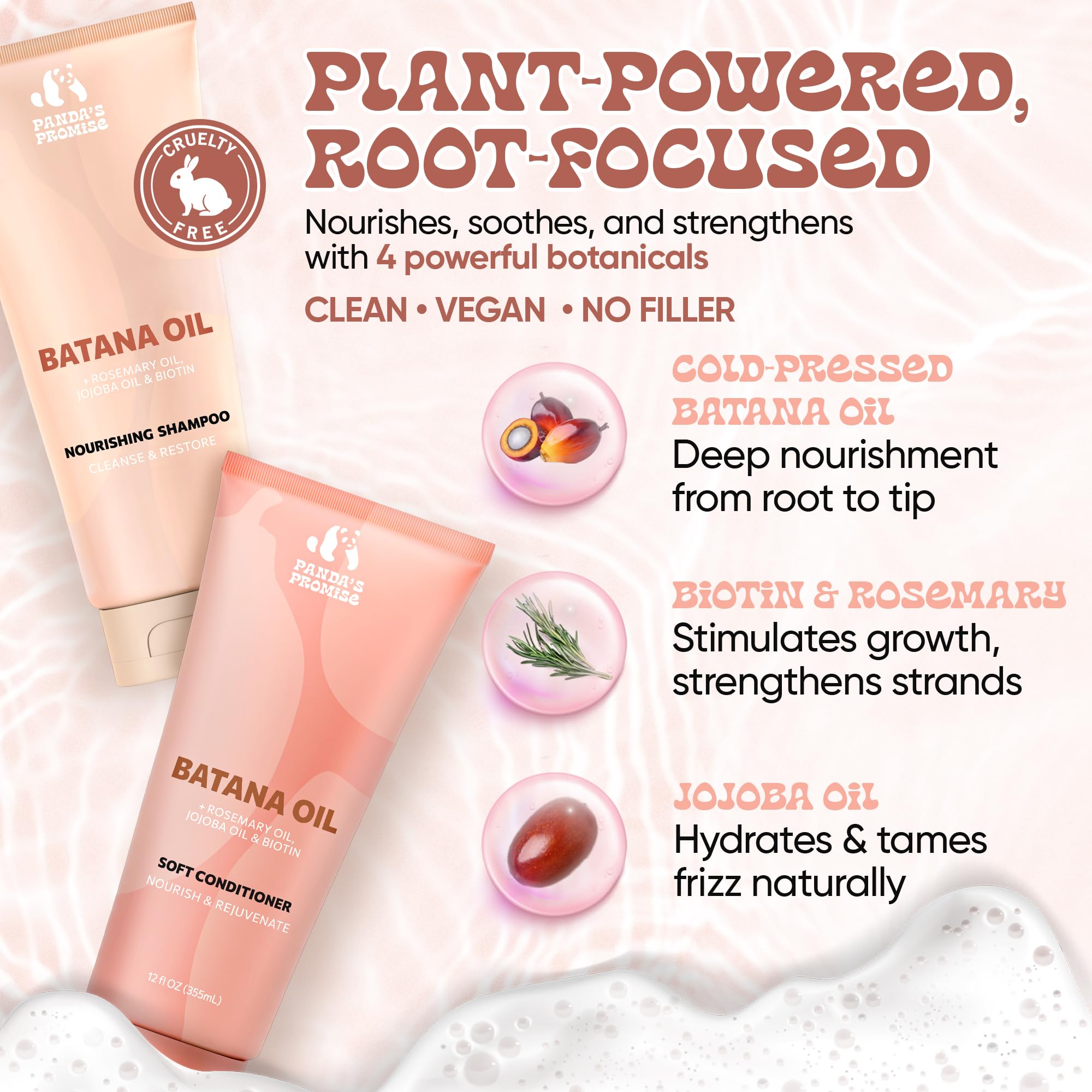 Panda's Promise plant-based ingredients—gentle, fragrance-light formula for everyday use.
