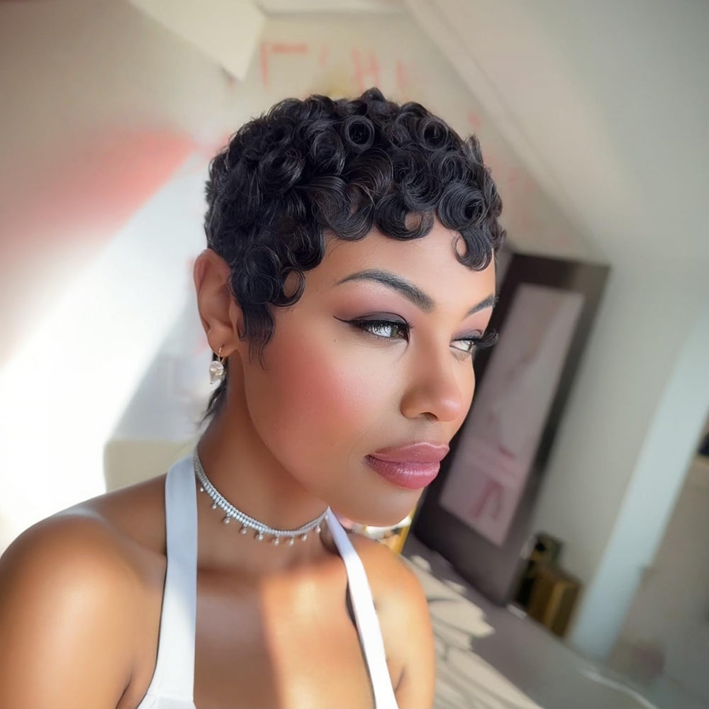 PangDongLai pixie-cut curls bangs detail emphasizes face-framing style.
