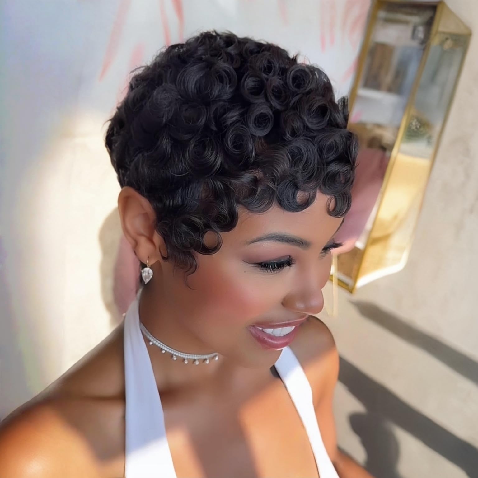 PangDongLai pixie-cut curly wig cap construction for breathable comfort.