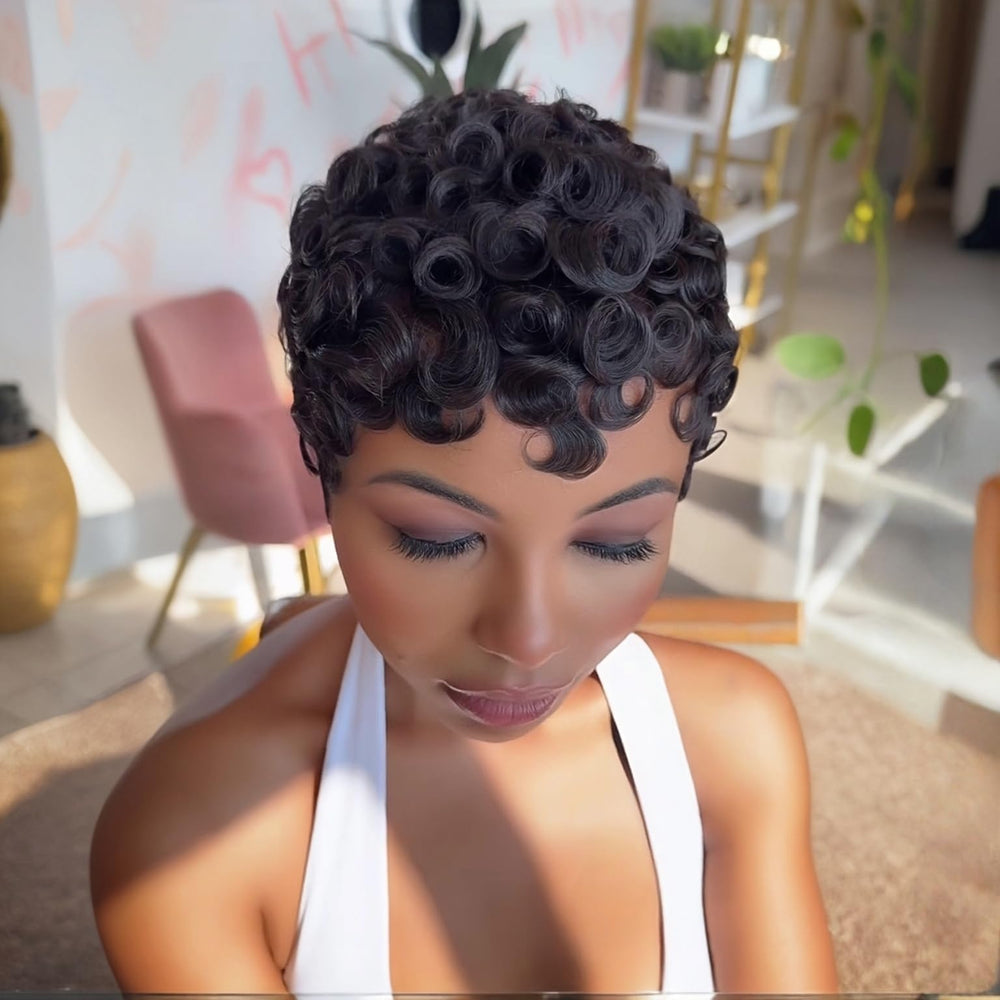 PangDongLai pixie-cut curly wig curls close-up reveals texture and movement.