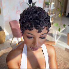 PangDongLai pixie-cut curly wig curls close-up reveals texture and movement.