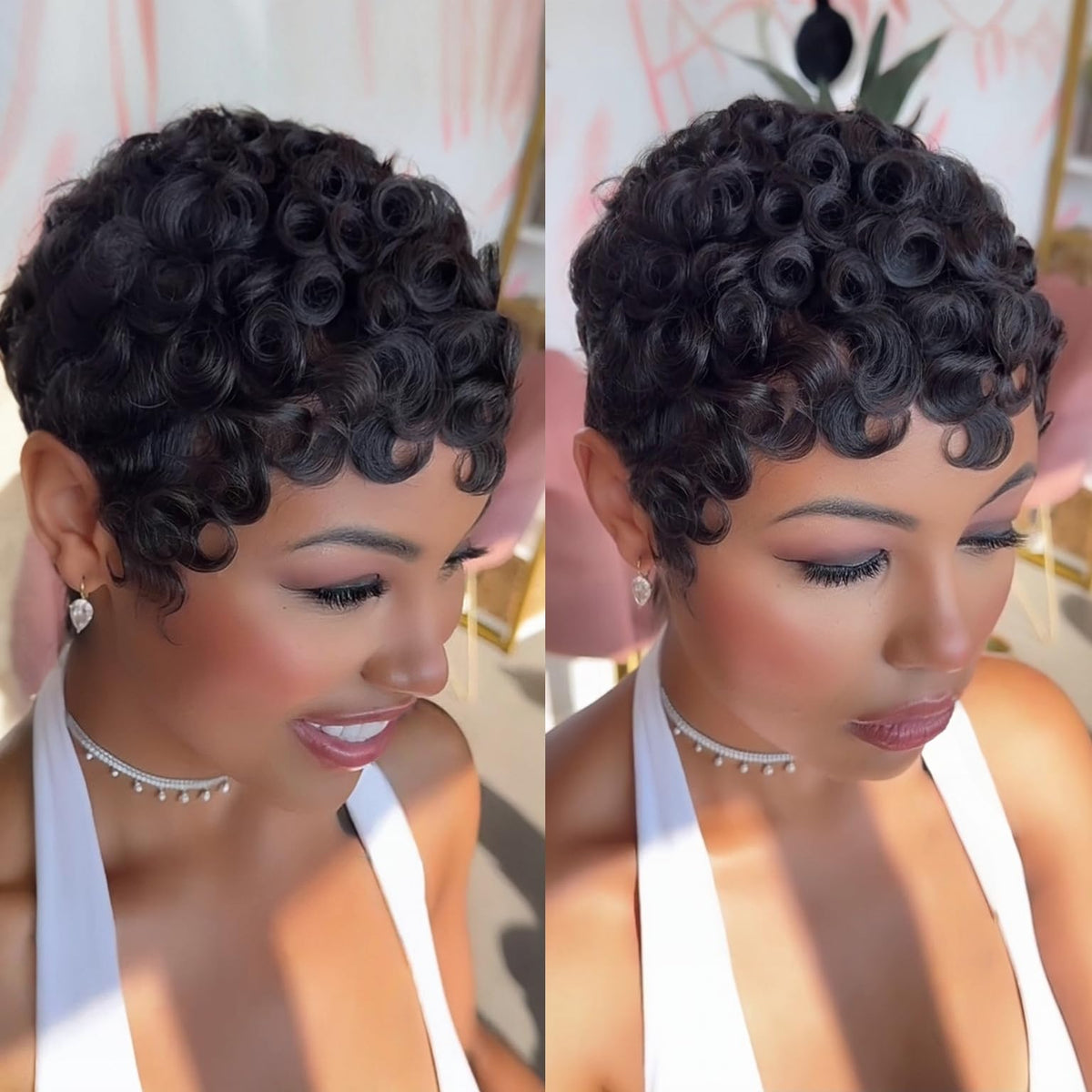 PangDongLai chic pixie-cut curly wig front view shows natural texture and easy styling.