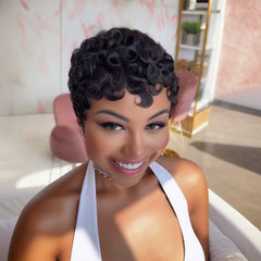 PangDongLai pixie-cut curly wig side view highlights layered volume for daily wear.