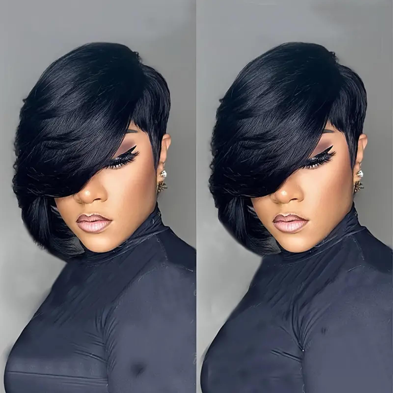 PangDongLai pixie cut wig close-up showing natural black 1b shade and soft texture
