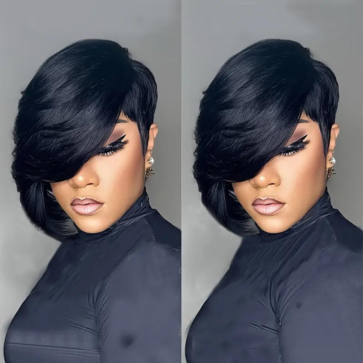 PangDongLai pixie cut wig close-up showing natural black 1b shade and soft texture