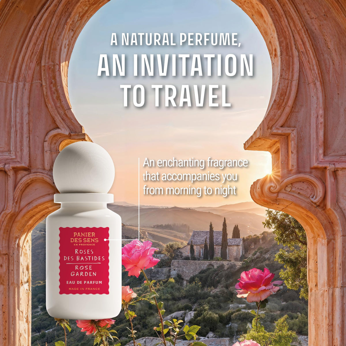 Damask rose and peony notes close-up implying refined, luxurious character.