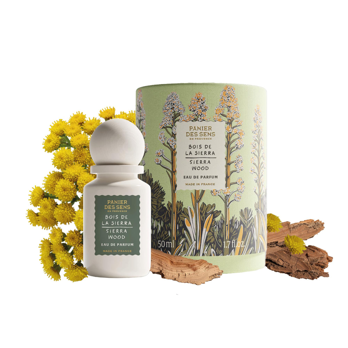 Panier des Sens Sierra Wood perfume bottle highlights elegant design and premium scent.