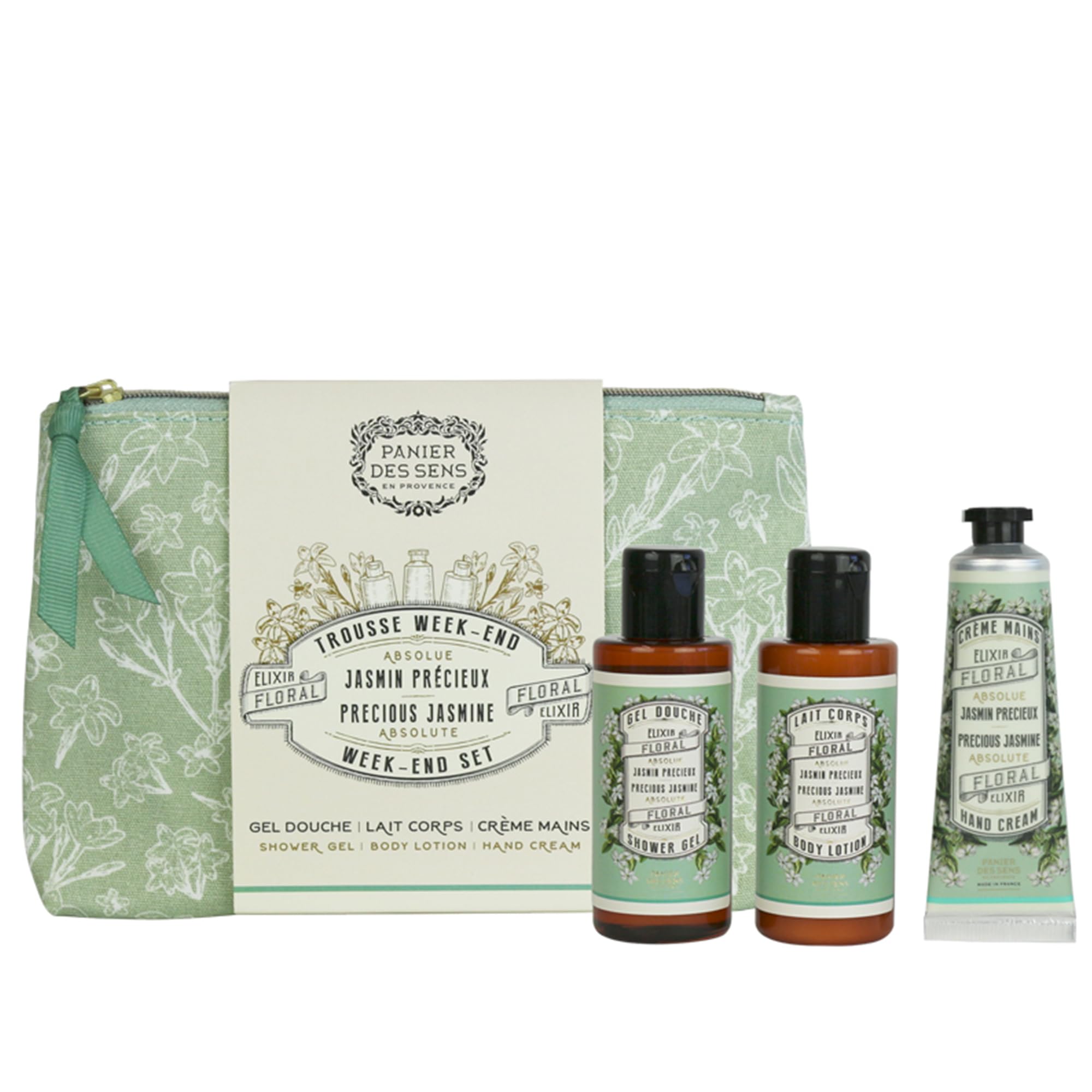 Panier des Sens jasmine shower gel in travel pouch for on-the-go cleansing