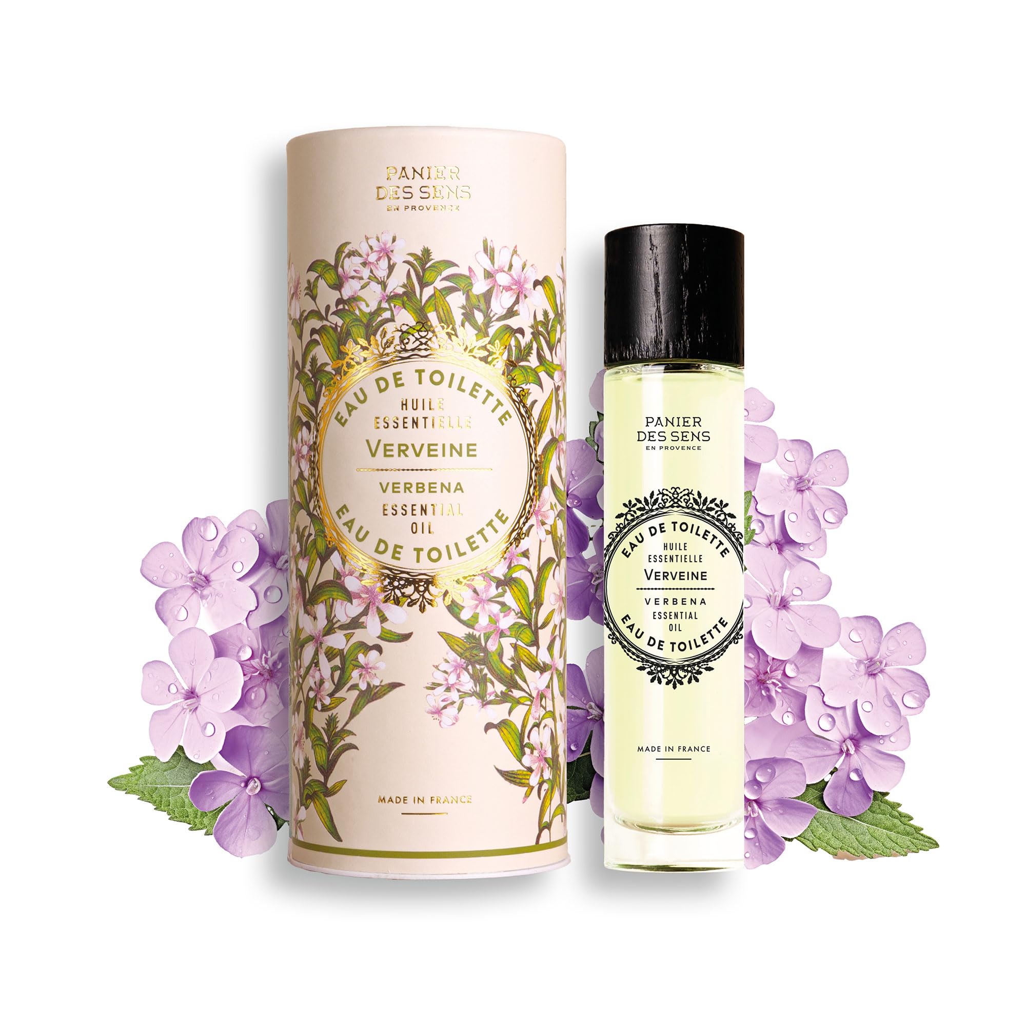 Panier des Sens Verbena EDT bottle with elegant glass and gold cap for daily wear.