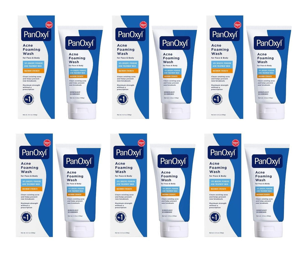 PanOxyl Foaming Acne Wash bottle on a bathroom shelf for daily cleansing.