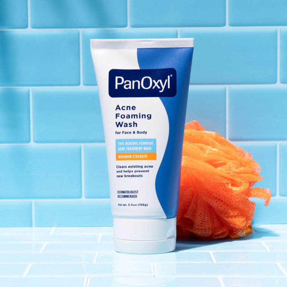 PanOxyl Foaming Acne Wash label highlights maximum strength formulation.