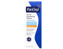 PanOxyl 10% Acne Foaming Wash bottle label shows ingredients and usage for confident cleansing.