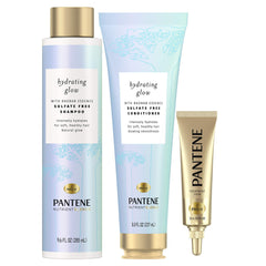 Pantene Baobab Hydrating Shampoo bottle emphasizes moisture and a radiant glow.