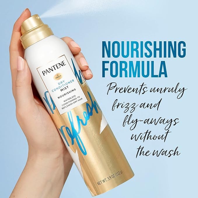 Pantene Dry Conditioner Mist with Vitamin B5 nourishes and softens hair.