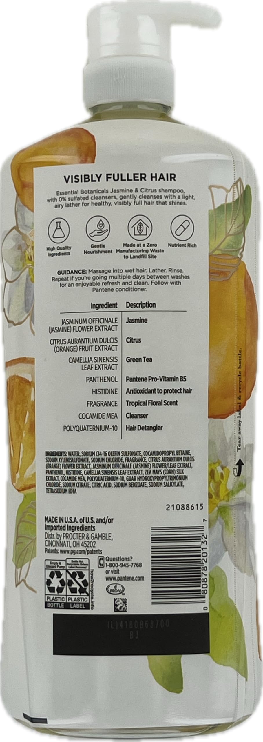 Pantene Essential Botanicals Jasmine & Citrus, lather closeup showing airy foam and volume cue.