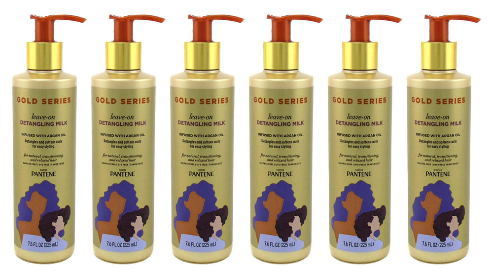 Pantene Gold Series Leave-In Detangling Milk pack of six bottles on display, smooth detangling for dry hair