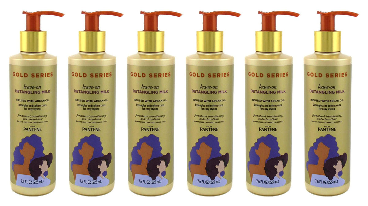 Pantene Gold Series Leave-In Detangling Milk pack of six bottles on display, smooth detangling for dry hair