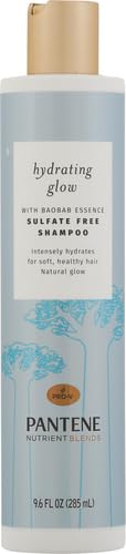 Pantene Hydrating Glow bottle back highlights ingredients and free-from claims for healthy hair