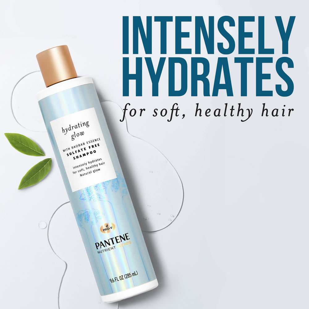 Pantene Hydrating Glow ingredients label shows baobab essence and Pro Vitamin B5 for nourishment