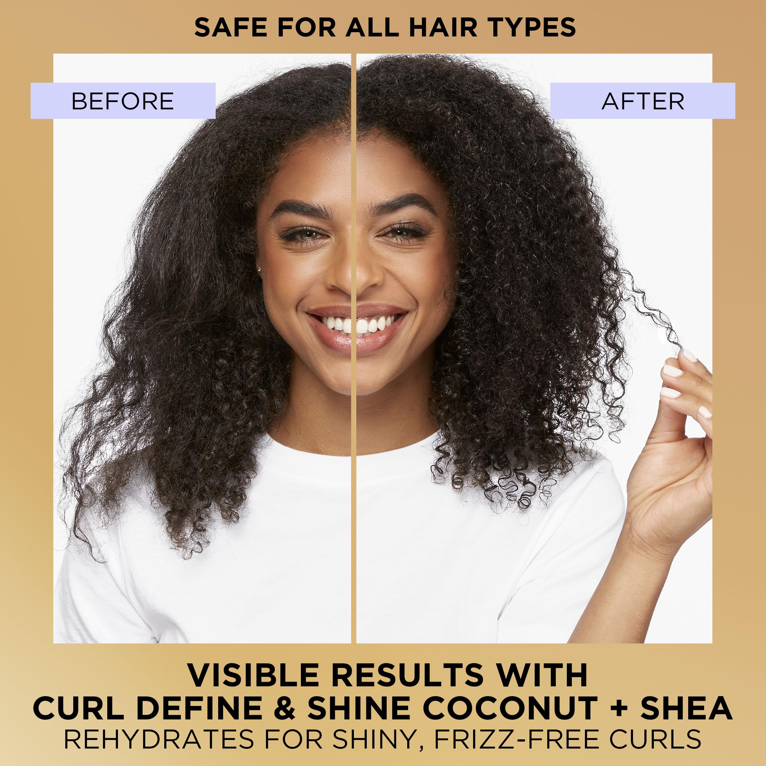 Pantene Pro-V Miracles Curl Define & Shine label close-up emphasizing coconut oil and shea butter.