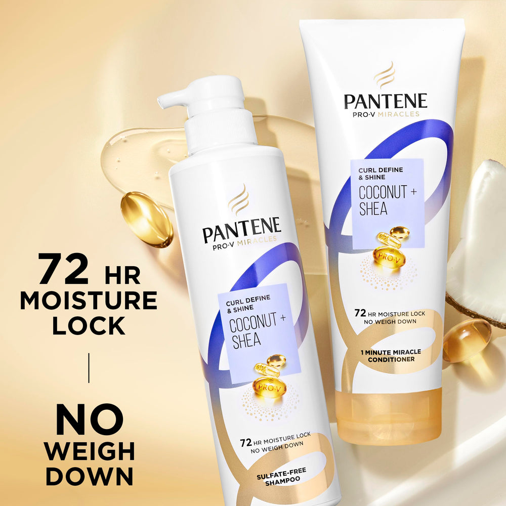 Pantene Pro-V Miracles Curl Define & Shine moisture droplets enhancing curl definition.