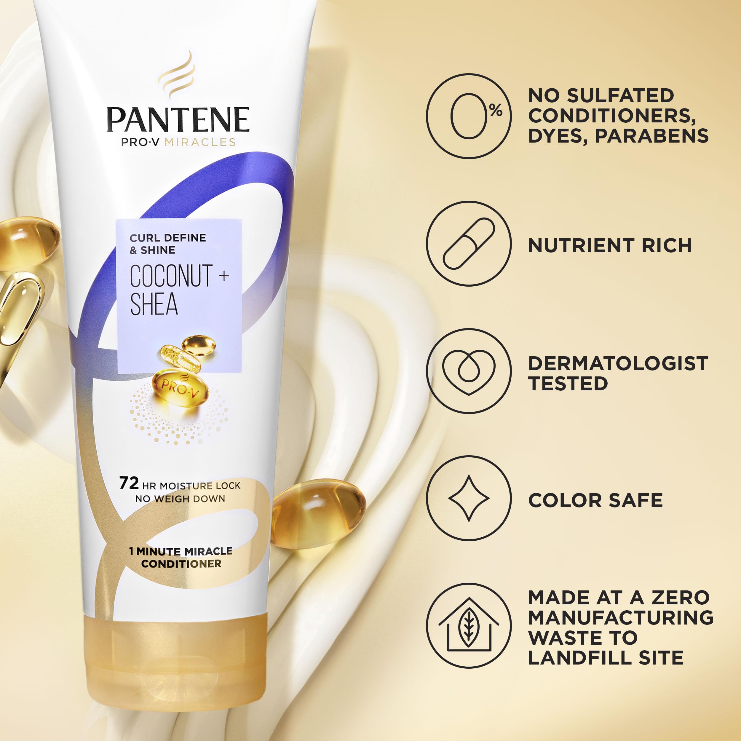 Pantene Pro-V Miracles Curl Define & Shine bottle on shelf with warm scent cues.