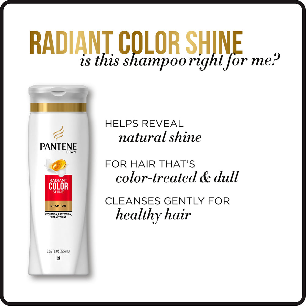 Store shelf shows packaging variations for Pantene Radiant Color Shine