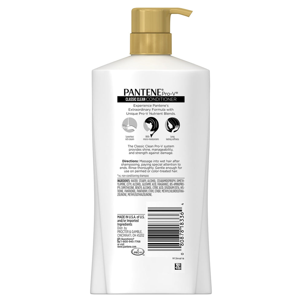Pantene Pro-V Classic Clean conditioner label highlights antioxidants and nourishing daily care