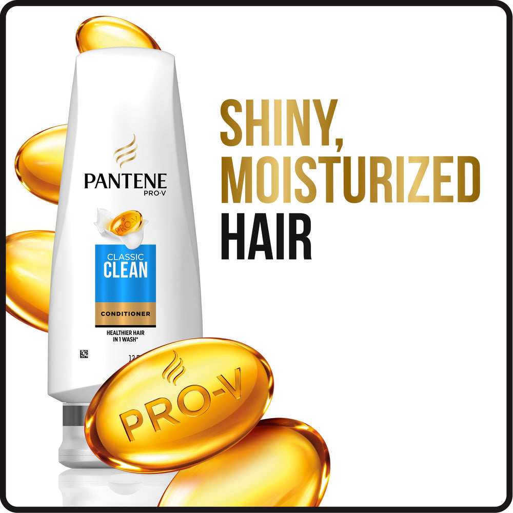 Pantene Pro-V Classic Clean conditioner beside shampoo pair for seamless cleansing