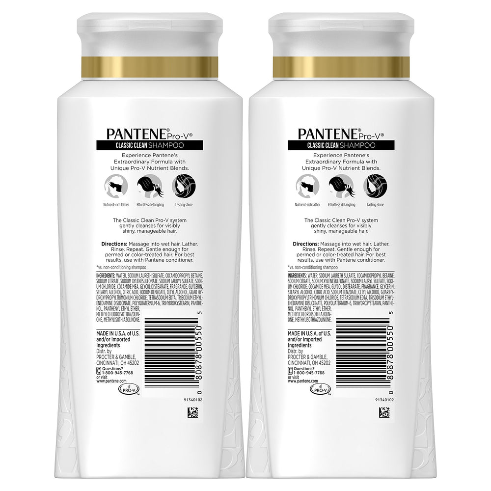 Pantene Pro-V Classic Clean label close-up highlighting gentle formula.