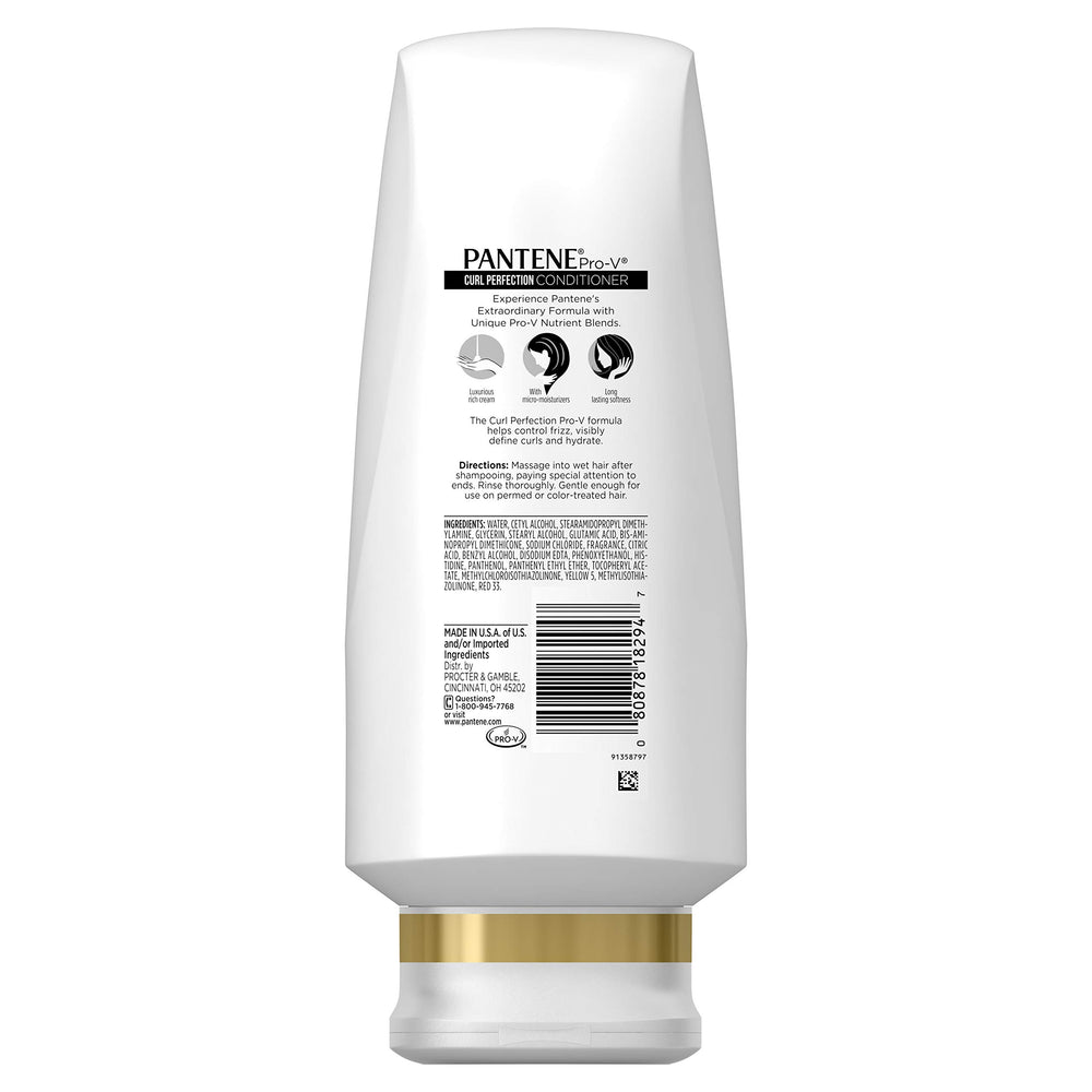 Pantene Pro-V Curl Perfection Conditioner label closeup emphasizing frizz control