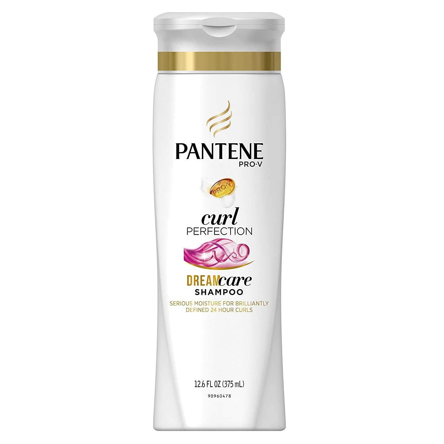Pantene Pro-V Curly Perfection Shampoo bottle front, defines curls and controls frizz