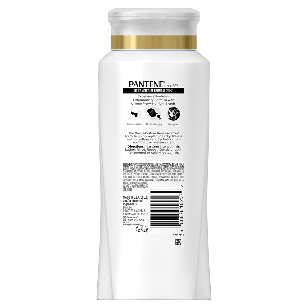 Close-up of Pantene Pro-V bottle with moisture-rich formula, showcasing shine and detangling potential.
