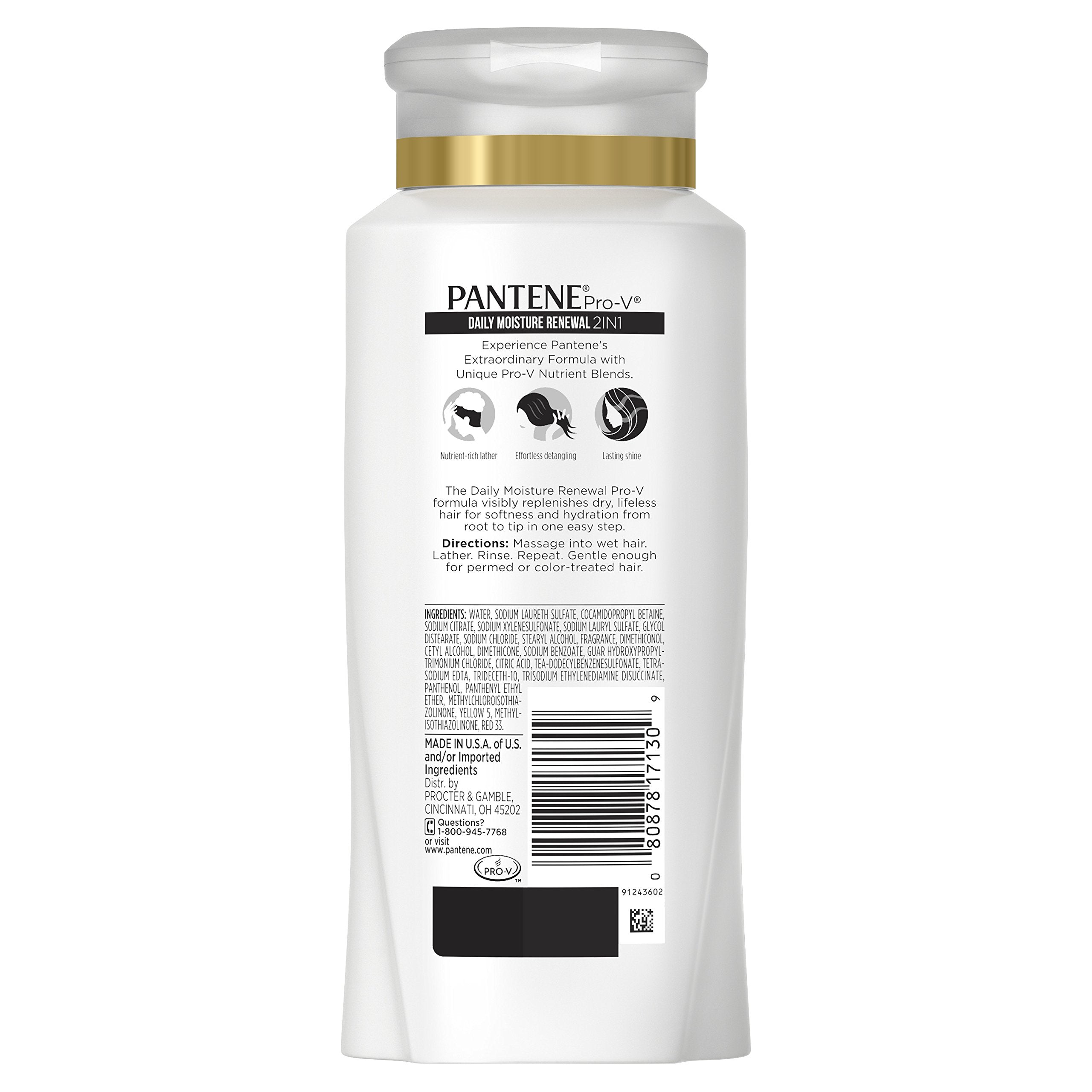 Close-up of Pantene Pro-V Daily Moisture Renewal 2-in-1 label highlighting Pro-V formula.