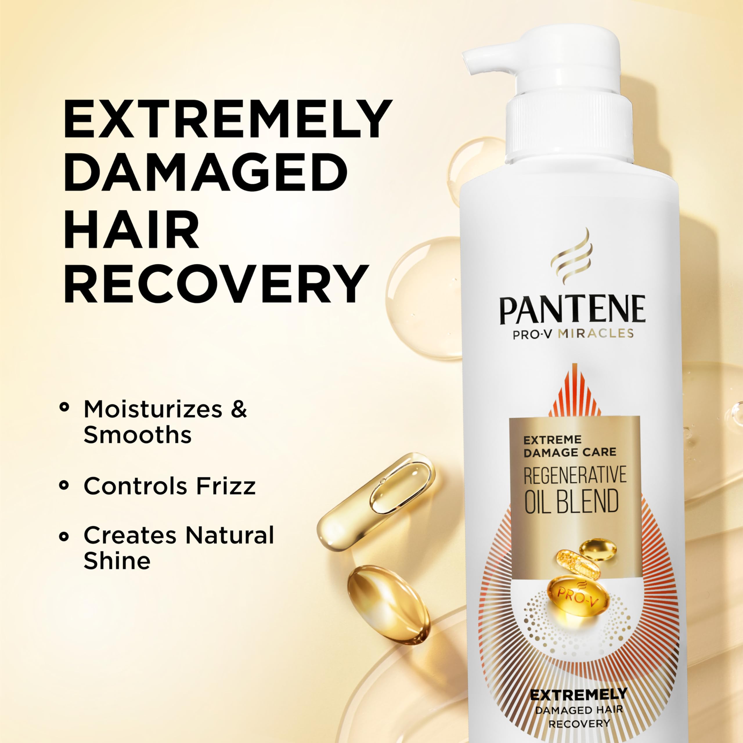 Pantene Pro-V Miracles regenerative oil blend with argan and jojoba for damaged hair nourishment.