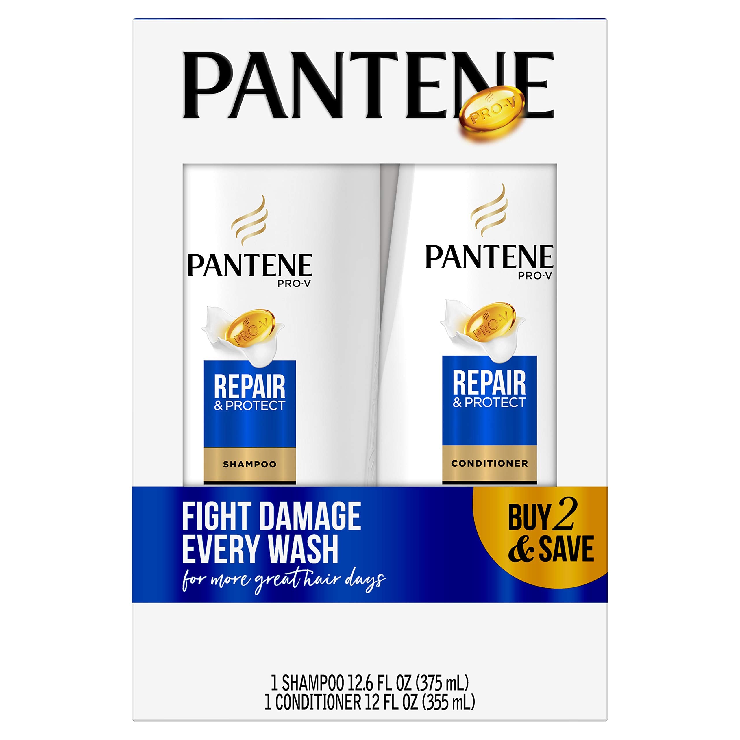 Pantene Pro-V Repair & Protect shampoo bottle shows nourishing formula for stronger, smoother hair