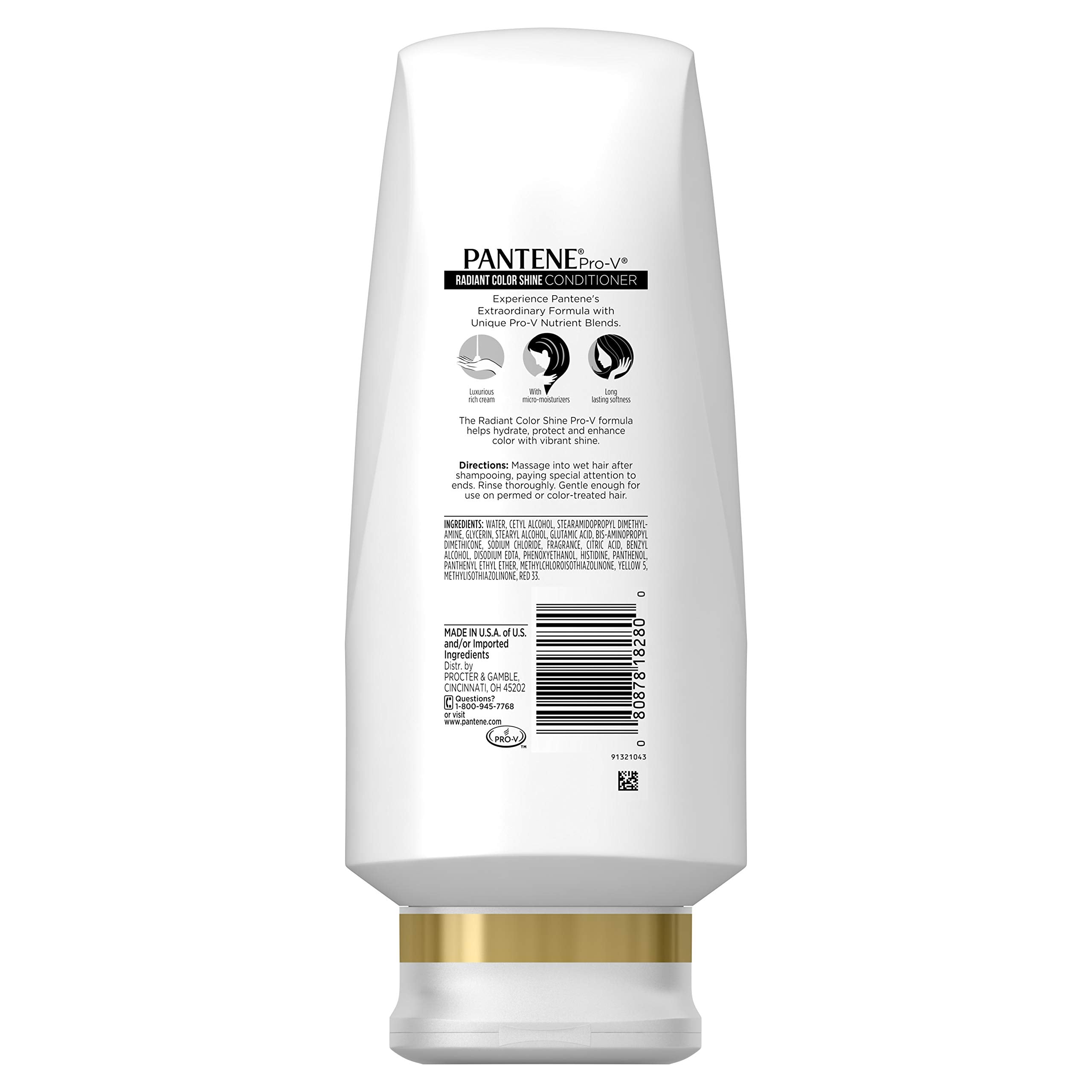 Pantene Radiant Color Shine Conditioner label with Pro-V nutrients for hair care.